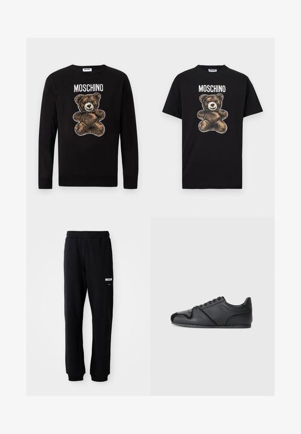 Schwarzer Langarm-Pullover mit einer braunen Teddybär-Grafik und dem Schriftzug "MOSCHINO" oberhalb des Bären auf der Brust.; Schwarzes Baumwoll-T-Shirt mit einem braunen Bärenmotiv in Vintage-Optik. "MOSCHINO"-Schriftzug oberhalb des Bären in fetten weißen Buchstaben.; Schwarze Jogginghose mit lockerer Passform, aus weichem Stoff. Mit elastischem Bund und weißem "Moschino"-Logo auf dem linken Oberschenkel.; Schwarze Sportschuhe mit einem glatten Lederoberteil, subtilen strukturierten Akzenten und einer kontrastierenden schwarzen Wildlederkappe. Mit einer Gummisohle.