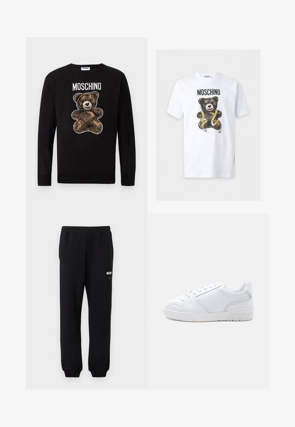 Black long-sleeve sweater with a brown teddy bear graphic and the word "MOSCHINO" printed above the bear on the chest.; White short-sleeve T-shirt with "MOSCHINO" text above a brown teddy bear wrapped with a yellow measuring tape.; Black sweatpants with elastic waistband and cuffs, featuring small white "Moschino" logo on the upper left thigh.; White low-top sneaker with lace-up design, smooth synthetic upper, and patterned rubber sole on a plain light background.