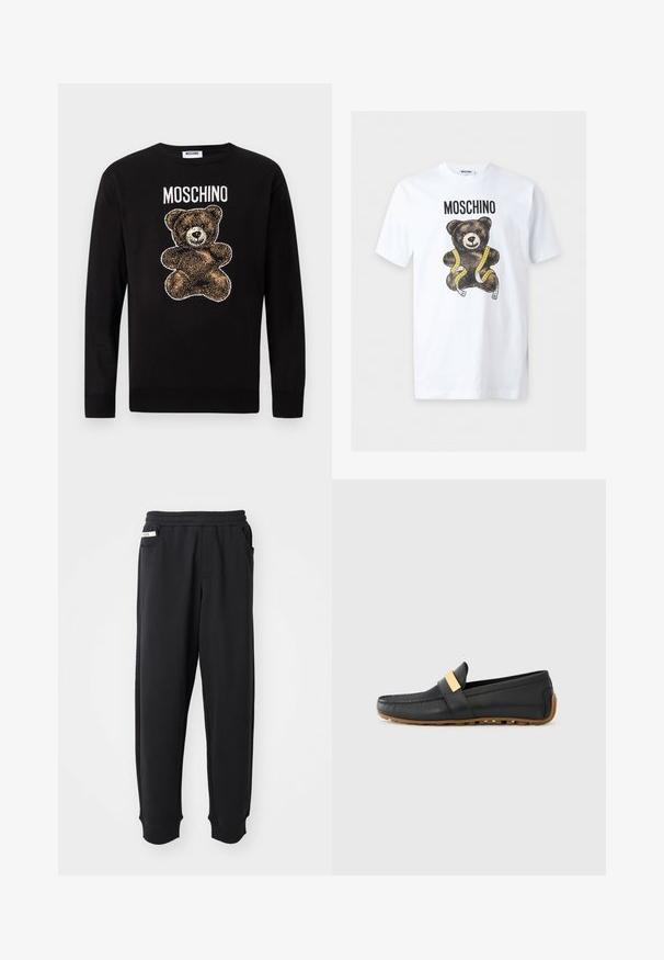 Sort langærmet sweater med et brunt tøjdyrsmotiv og ordet "MOSCHINO" trykt over bamsen på brystet.; Hvid kortærmet T-shirt med teksten "MOSCHINO" over en brun bamse viklet ind i et gult målebånd.; Sorte sweatpants lavet af blødt stof, med elastisk talje, sidelommer og ribbede manchetter ved anklerne. Minimalistisk design.; Sorte læder loafers med en guldmetallic accentbånd, rund tå og gummisål med rillede teksturer og grebdetaljer.