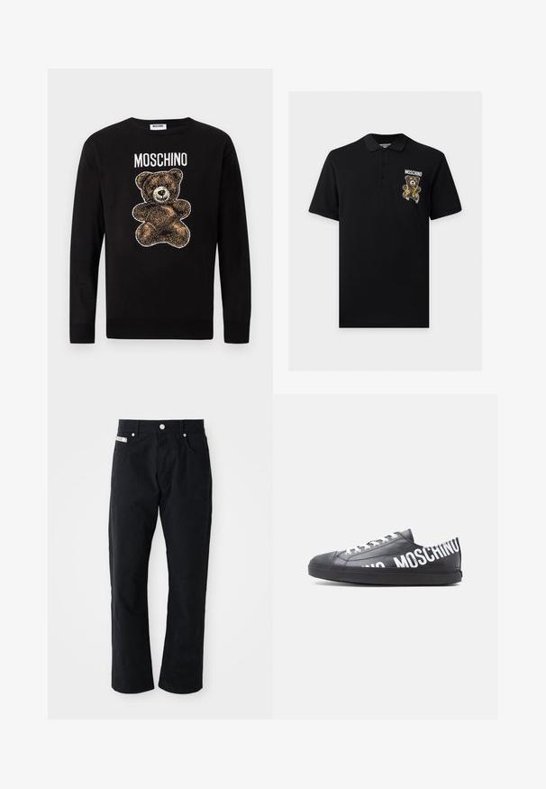 Zwart trui met lange mouwen met een grafiek van een bruine teddybeer en het woord "MOSCHINO" gedrukt boven de beer op de borst.; Zwart poloshirt met korte mouwen en een knoopsluiting met drie knopen, met een teddybeer-afbeelding en de tekst "Moschino" op de linkerborst.; Zwarte katoenen broek met een recht model, vijf zakken, zilverkleurige hardware en een subtiel gestructureerd oppervlak.; Zwarte lage sneaker met witte veters en "MOSCHINO" in grote witte letters langs de zijkant en hiel gedrukt.