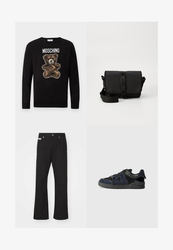 Schwarzer Langarm-Pullover mit einer braunen Teddybär-Grafik und dem Schriftzug "MOSCHINO" oberhalb des Bären auf der Brust.; Schwarze Baumwollhose mit geradem Bein, mit einem Frontknopfverschluss, zwei seitlichen Taschen und einem kleinen Markenetikett am Bund.; Schwarze und marineblaue Sneakers aus Wildleder und Mesh-Materialien, mit einer dicken Sohle und einem markanten Ausschnitt in Form eines "M"-Details an der Seite.; Schwarze Nylon-Crossbody-Tasche mit Klappe, ausgestattet mit einem auffälligen Logo-Gurtverschluss, verstellbarem Tragegurt und seitlichen Steppnähten.
