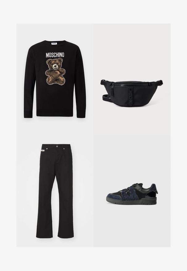 Zwart trui met lange mouwen met een grafiek van een bruine teddybeer en het woord "MOSCHINO" gedrukt boven de beer op de borst.; Zwarte katoenen broek met een rechte pijpdesign, voorzien van een sluiting met een knoop aan de voorkant, twee zijzakken en een klein merklabel op de tailleband.; Zwarte en marineblauwe sneakers zijn gemaakt van suede en mesh materialen, met een dikke zool en een opvallend uitgesneden "M" detail aan de zijkant.; Zwarte Moschino heuptas met rits aan de voorkant en verstelbare band op een egale lichte achtergrond.