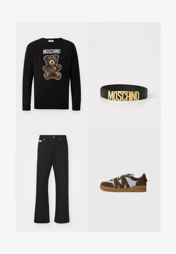 Suéter negro de manga larga con un gráfico de un oso de peluche marrón y la palabra "MOSCHINO" impresa sobre el oso en el pecho.; Pantalones de algodón negros con un diseño de pierna recta, que presentan un cierre frontal con botón, dos bolsillos laterales y una pequeña etiqueta de la marca en la cintura.; Zapatillas con parte superior de ante marrón, paneles de malla beige y suela de goma. Diseño zigzagueante distintivo en los lados. Cierre con cordones.; Cinturón de cuero negro con una gran hebilla con el logo dorado "MOSCHINO", textura suave, tamaño ajustable y diseño minimalista.
