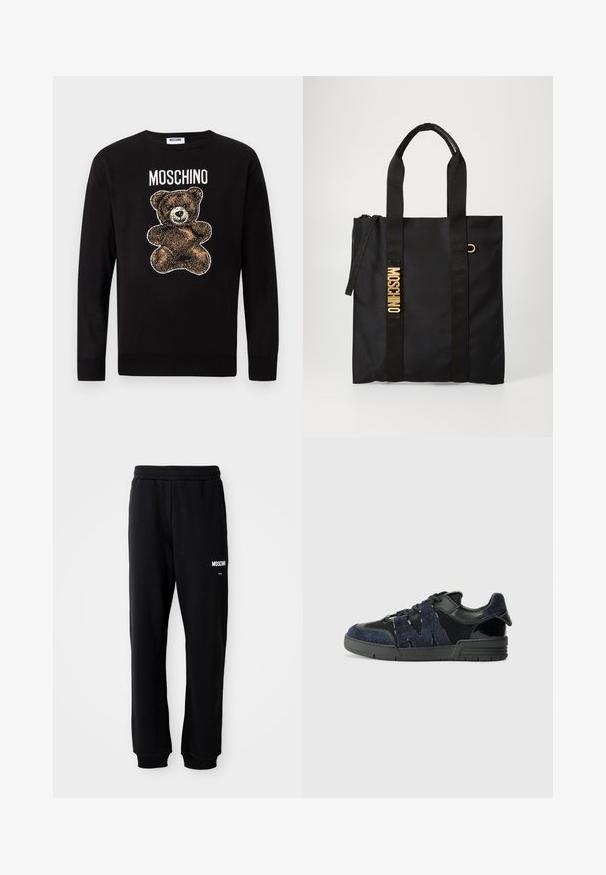 Pull noir à manches longues avec un motif d'ours en peluche marron et le mot « MOSCHINO » imprimé au-dessus de l'ours sur la poitrine.; Pantalons de survêtement noirs à coupe décontractée, fabriqués en tissu doux. Dotés d'une taille élastique et du logo blanc "Moschino" sur la cuisse gauche.; Des baskets noires et bleu marine en suède et en maille, avec une semelle épaisse et un détail découpé en "M" bien visible sur le côté.; Sac fourre-tout noir en tissu lisse avec deux poignées noires, arborant un logo doré "MOSCHINO" et une fermeture zippée sur le dessus.