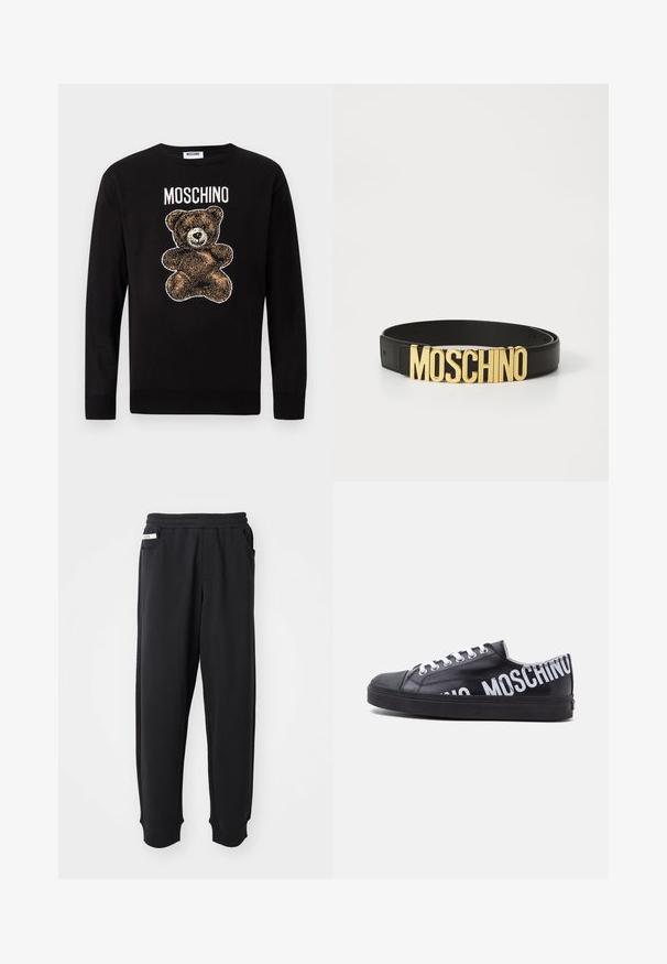Pull noir à manches longues avec un motif d'ours en peluche marron et le mot « MOSCHINO » imprimé au-dessus de l'ours sur la poitrine.; Pantalons de survêtement noirs en tissu doux, avec une taille élastique, des poches latérales et des poignets côtelés aux chevilles. Design minimaliste.; Baskets basses noires avec lacets blancs et texte blanc gras "MOSCHINO" entourant le talon et le côté.; Ceinture en cuir noir avec une grande boucle en or « MOSCHINO », texture lisse, taille réglable et design minimaliste.
