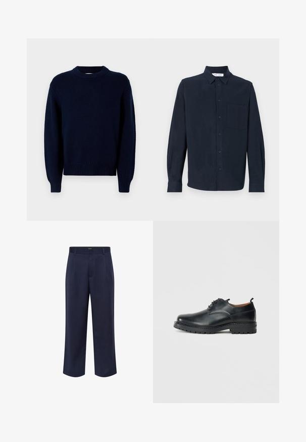 Pull en tricot bleu marine à manches longues, avec un col rond cannelé, des poignets et un ourlet, présenté sur fond blanc.; Chemise à manches longues bleu marine en tissu doux, avec un devant boutonné, un col pointu et une poche poitrine simple.; Pantalon ajusté bleu marine en tissu léger. Doté d'une jambe droite et cropped, de passants de ceinture et de poches latérales.; Chaussures derby en cuir noir avec une texture lisse, bout rond, design à lacets et une semelle en caoutchouc épaisse et robuste.