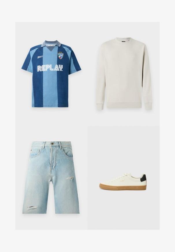 Jack & Jones PREMIUM JPRBLACHAD BRANDING CREW NECK - Pusa - beige; Denim-stiilis trikotaaž lühikeste varrukatega, tumeda ja helesinise riba kujundusega, V-kaelusega ja silmatorkava "REPLAY" logoga.; Heledsinine denim lühikesed püksid mugava lõikega, millel on kulumismärgised, küljetaskud ja üks pealne nööp.; Valge kanva sneaker, millel on kummi tald, musta kanna aktsent, ümmargune nina ja nööriga disain. Külgedel on brändi logo kuldsetes varjundites.