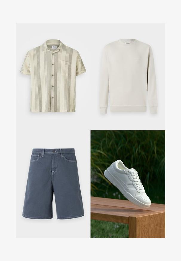 Jack & Jones PREMIUM JPRBLACHAD BRANDING CREW NECK - Pusa - beige; Lühikeste varrukatega nööbiga särk heles bees värviga, hallide vertikaalsete triipudega. Omab rinna taskut ja tekstureeritud kangast.; Tumed sinised puuvillased lühikesed püksid valgete õmblustega, viie taskuga ja nupu sulgemisega vööl. Sirge jala disain, minimaalne detailide arv.; Valge nahast spordijalanõud sileda tekstuuriga, millel on aukudega disain, klassikaline paelumine ja kummitald, asetatud puidust pinna kohale.
