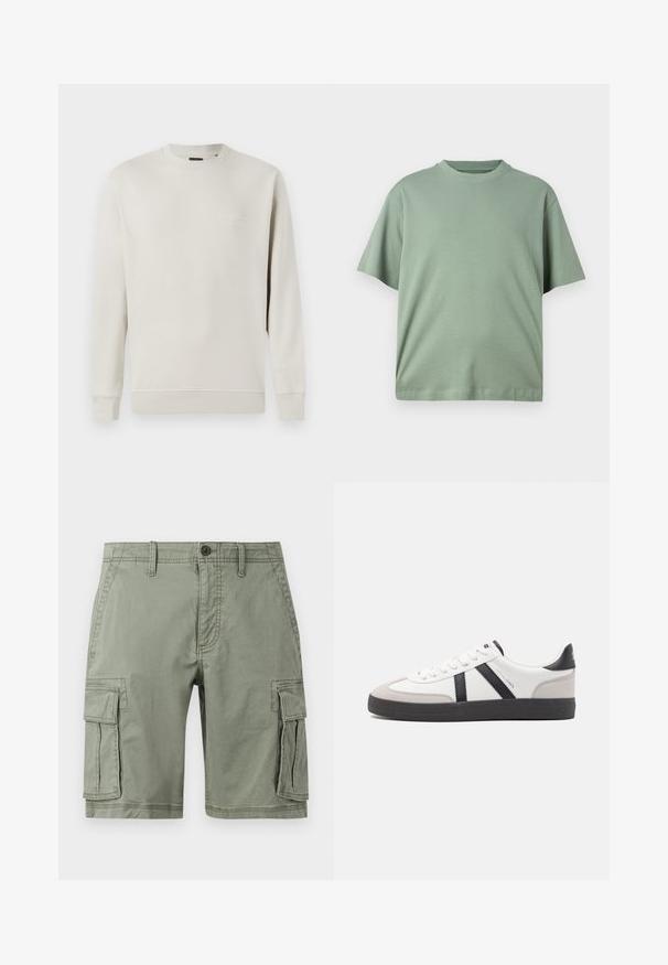 Jack & Jones PREMIUM JPRBLACHAD BRANDING CREW NECK - Pusa - beige; Heled roheline lühikeste varrukatega T-särk ümmarguse kaelusega, valmistatud pehmest kangast. Kujundusel on lõdva istuvusega ning nähtavaid mustreid ei ole.; Roheline puuvillasegu cargo lühikesed püksid, millel on kaks külgtaskut, nööpidega sulgur ja sirge lõike kujundus.; Valged tossud mustade ja hallide aktsentidega, tekstureeritud halli varbakattega, musta kummitald ja lamedad valged paelad. Puhtad jooned, minimalistlik stiil.