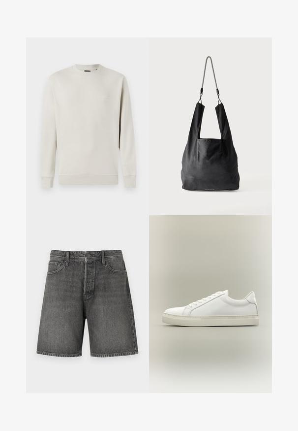 Jack & Jones PREMIUM JPRBLACHAD BRANDING CREW NECK - Sweatshirt - beige; Mørkegrå denimshorts med et klassisk fem-lomme design, knap- og lynlåslukning, lige pasform og en let falmet struktur over det hele.; Hvid lavtop sneaker med snørebånd foran og tyk sål, vist fra siden mod en neutral baggrund.; Sort blød stofnettaske med brede håndtag og en tynd sort-hvid flettet skulderrem.