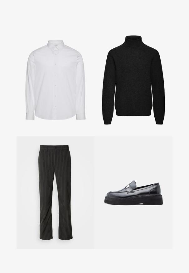 Jersey negro de cuello alto y manga larga con puños y dobladillo acanalados, fabricado con un tejido de punto suave.; Camisa blanca de manga larga con botones, hecha de algodón. Presenta un cuello estándar, tapeta frontal con botones y dobladillo redondeado. Logo de la marca discreto.; Pantalones de rayas negras con corte recto. Presentan una textura suave, cierre frontal con botón y pasadores para cinturón.; Mocasín de charol negro con punta redonda, detalle decorativo de hebilla y una suela plataforma negra gruesa, con una textura lisa y brillante.