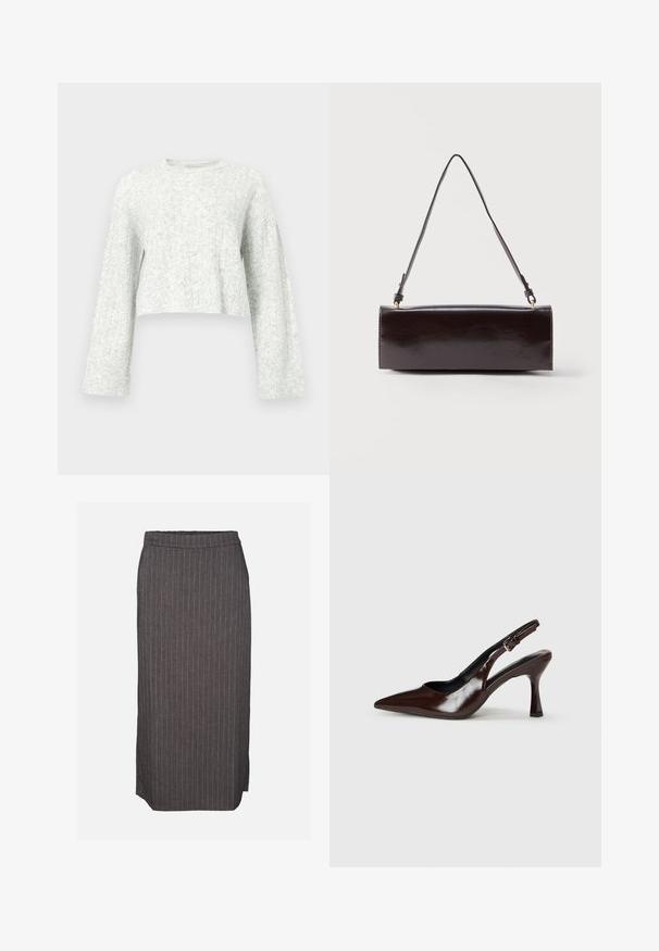 Jersey de cuello redondo tejido de color gris claro con mangas largas y puños acanalados, con un patrón texturizado suave.; Falda lápiz gris oscuro con finas rayas blancas verticales y una pequeña abertura lateral sobre un fondo liso.; Zapatos de tacón slingback de charol marrón con punta afilada, tacón delgado y correa ajustable con una pequeña hebilla.; Bolso rectangular de cuero negro con una sola correa larga y acabado brillante, exhibido sobre un fondo blanco liso.
