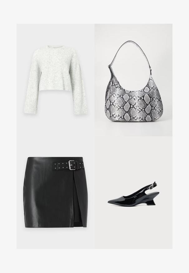 Pull gris clair en maille avec col rond, manches longues et poignets côtelés, présentant un motif texturé doux.; Mini-jupe en simili cuir noir avec une ceinture réglable comportant une boucle en argent et des clous décoratifs, design à enroulement avant et texture lisse.; Chaussure slingback en cuir verni noir avec bout pointu et petit talon bloc incliné sur fond clair uni.; Sac à épaule en simili cuir noir et blanc avec imprimé serpent, de forme arrondie, texture lisse et bandoulière incurvée. Présente un accent en matériel argenté.
