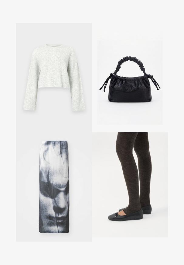 Pull gris clair en maille avec col rond, manches longues et poignets côtelés, présentant un motif texturé doux.; Jupe longue noir et blanc avec un imprimé graphique représentant un visage, dotée d'une texture lisse et d'une silhouette ajustée.; Jambes portant des leggings côtelés foncés associés à des ballerines noires avec de petits détails en nœud sur fond blanc.; Sac à main noir avec texture crocodile, bord supérieur froncé, poignée plissée et pompons à cordon de chaque côté sur fond blanc.