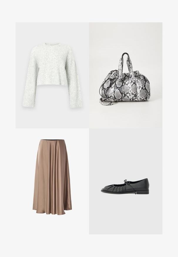 Lysegrå strikket crewneck sweater med lange ærmer og ribstrikkede manchetter, med blødt tekstureret mønster.; Lang A-linjeet nederdel lavet af glat, blankt stof i en lys beige farve. Har en elastisk talje og en flydende draperet design.; Sort flad sko med plisseret forstykke og bundet sløjfe på toppen, lav hæl og glat tekstur på en lysegrå baggrund.; Håndtaske med sort og hvid slidmønster, to håndtag, snøre lukning og aftagelig skulderrem. Glat tekstur.