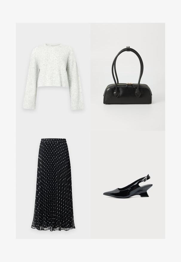 Pull gris clair en maille avec col rond, manches longues et poignets côtelés, présentant un motif texturé doux.; Jupe noire plissée à pois blancs, dotée d'une taille élastique et d'un design fluide, fabriquée en tissu léger.; Chaussure slingback en cuir verni noir avec bout pointu et petit talon bloc incliné sur fond clair uni.; Sac à main en cuir noir avec deux anses allongées, fermeture éclair et forme arrondie ; texture lisse avec une finition légèrement brillante.
