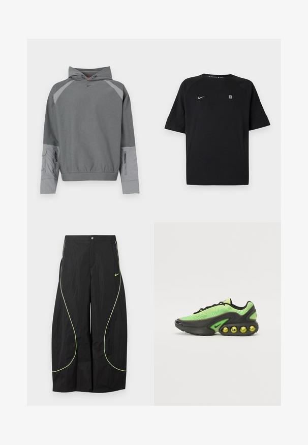 Grå hættetrøje med en tekstureret grå krop, raglanærmer, frontlomme og sidelåsdetalje. Har et sort logo på brystet.; Sort Nike sportstrøje med korte ærmer med hvid swoosh-logo på venstre bryst og lille firkantet emblem på højre bryst, ensfarvet baggrund.; Sorte Nike bukser med brede ben, med neon-grøn buet piping og lille Nike swoosh-logo på højre lår, knap- og lynlåslukning i taljen.; Nike sneakers med en mesh-overdel i lys grøn, sorte accenter og en karakteristisk sål med synlige gule luftbobler.
