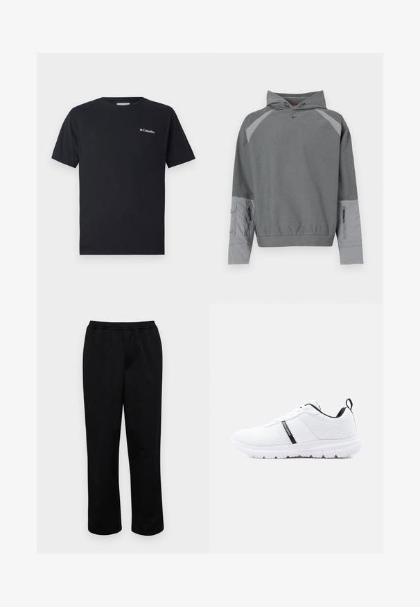 Sivá mikina s kapucňou s textúrovaným sivým telom, raglánovými rukávmi, predným vreckom a detailom so zipsom na boku. Na hrudi čierne logo.; Čierne tričko s krátkym rukávom vyrobené z bavlny, s malým bielym logom Columbia na ľavej hrudi. Klasický okrúhly výstrih a voľný strih.; Čierne nohavice strednej dĺžky s elastickým pásom. Vyrobené z hladkej látky, s pohodlným strihom a bez viditeľných vreciek alebo ozdôb.; Biela športová teniska s priedušným sieťovinovým materiálom, čiernym vnútorným lemovaním, ťahacou slučkou a logom "Jack & Jones" na bočnom prúžku.