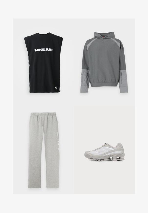 Hall halliga kapuutsiga dressipluus halli tekstuurse kere, raglaanvarrukatega, esitasku ja külgedel luku detailiga. Rinnal on must logo.; Mustamata varukatega Nike Air särk valge logotekstiga, mis on keskendatud rinnale, ja väike must Nike Air silt allääres.; Hallid dressipüksid, mis on valmistatud pehmest materjalist, elastse vöökohaga. Ühel jalal on valge "JUST DO IT" tekst ja Nike lööklause logo.; Hall ja valge sportkinga võrkpaneelide, nöörimissüsteemi ja ainulaadse kevadlaadse tallaga, mis pakkub pehmendust ja tuge.