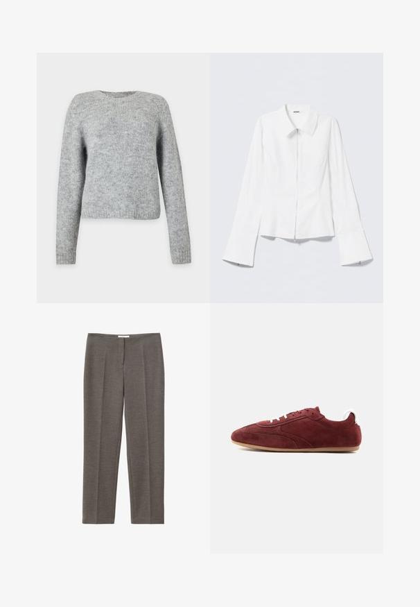 Pull tricoté gris clair à manches longues et col rond, présenté sur un fond blanc uni.; Chemise blanche à manches longues avec un col à revers et une fermeture éclair sur le devant. Elle présente des poignets évasés et une texture lisse en mélange de coton.; Pantalon de costume gris à jambe droite, avec plis frontaux, ceinture et fermeture avant dissimulée, présenté sur fond blanc.; Baskets en daim bordeaux profil bas avec lacets blancs et languette au talon, semelle en caoutchouc beige, détails de couture sur le côté, vues de l'extérieur.