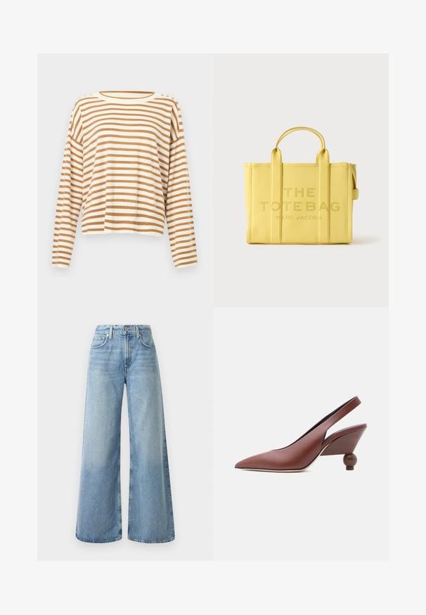 Beige- ja valkoraidallinen pitkähihainen neulepusero, jossa on pyöreä pääntie ja rento istuvuus.; Vaaleansiniset denim-kankaiset leveälahkeiset farkut, joissa on korkea vyötärö. Farkuissa on neljä taskua, napitus ja hailakka kulutuskuvio kangasta.; Ruskea nahkainen slingback-kenkä, jossa on terävä kärki ja ainutlaatuinen geometrinen puiset korko, joka yhdistää kartio- ja pallomuodot.; Keltainen nahkainen kassikärry, jossa on kaksoiskahvat, ja johon on kaiverrettu teksti "THE TOTE BAG" ja "MARC JACOBS". Sileä pinta, jämäkkä muoto.