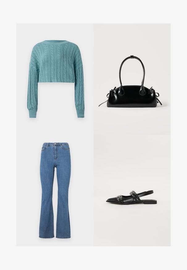 Suéter corto de punto trenzado azul claro con mangas largas y puños y cuello acanalados sobre un fondo blanco.; Vaqueros de campana azules hechos de denim, con una cintura alta, costuras en contraste y un cierre de botón único en la parte frontal.; Even&Odd Bailarinas con tira trasera - black; Pequeño bolso negro brillante con dos asas largas y detalles de cordón lateral sobre un fondo claro liso.