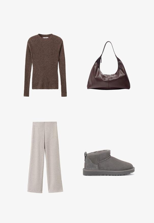 Pull en maille côtelée marron avec un col rond et des manches longues, présentant un tissu texturé et une silhouette ajustée.; Pantalon ample gris clair en tissu doux. Présente une texture lisse et un design simple, épuré, sans poches ni accessoires.; Bottines en daim gris avec une doublure intérieure douce, des coutures minimales et une semelle en caoutchouc moulée. Présente un passant à l'arrière.; Sac à bandoulière en cuir brun foncé avec une seule sangle et une fermeture éclair sur un côté, structure souple et décontractée, texture lisse.