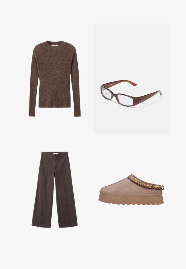Bruine geribbelde gebreide trui met een ronde halslijn en lange mouwen, met een textuurstof en een getailleerde pasvorm.; Wijde broek in donkerbruine katoenen stof, met een hoge taille, plooien aan de voorkant en een nette afwerking bij de zoom.; Bruine suède instap schoen met een dikke, gestructureerde zool, die intrigerende gele en bruine borduursels langs de bovenrand vertoont.; Bruin getinte rechthoekige brillen met een glanzende afwerking, met slanke pootjes en doorzichtige glazen. Logo zichtbaar op de linkertempel.