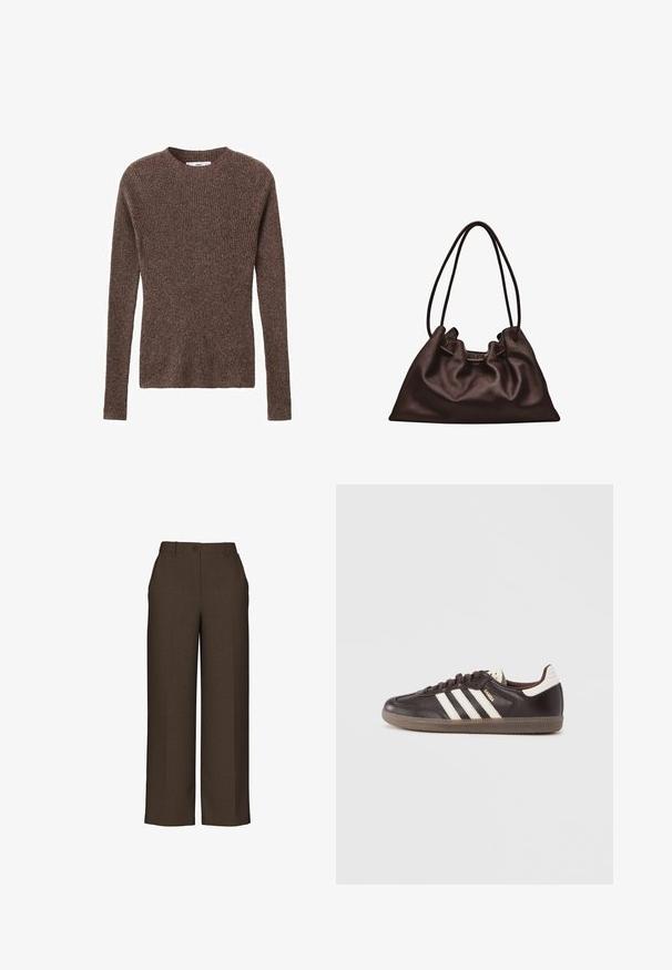 Pull en maille côtelée marron avec un col rond et des manches longues, présentant un tissu texturé et une silhouette ajustée.; Pantalons larges marron en tissu texturé, avec une fermeture à bouton, une taille structurée et des plis repassés à l'avant.; Baskets en cuir marron foncé avec un design à trois bandes blanches, une semelle en caoutchouc et l'inscription "Samba" en lettres dorées sur le côté. Forme classique basse.; Sac à main en cuir brun foncé souple avec une forme flasque et deux fines bretelles sur fond blanc.