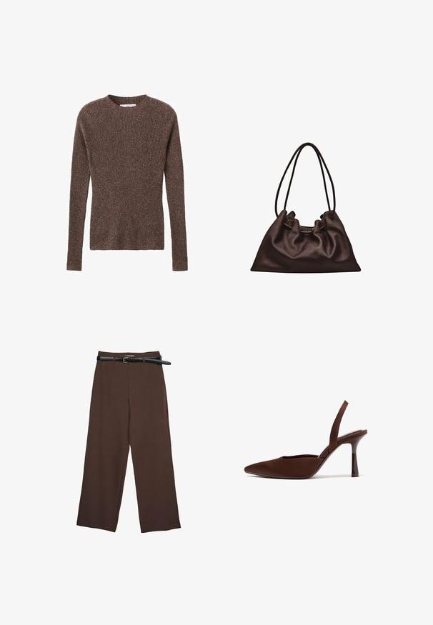 Pull en maille côtelée marron avec un col rond et des manches longues, présentant un tissu texturé et une silhouette ajustée.; Pantalons larges marron avec une texture lisse, dotés d'une ceinture noire et d'une taille ajustée, offrant une coupe structurée.; Chaussure à talon haut brun à bout pointu avec bride arrière, dotée d'un talon fin et courbé, photographiée sur fond blanc.; Sac à main en cuir brun foncé souple avec une forme flasque et deux fines bretelles sur fond blanc.