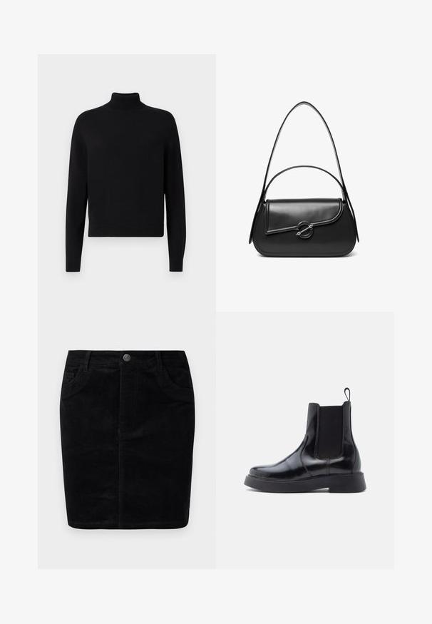 Sort turtleneck sweater med lange ærmer, ribbede manchetter og en tætsiddende kant. Blød tekstur, enkelt design og ensfarvet uden mønstre.; Sort fløjlssørg med lige skæring, knaplukning, forlommer, ribbet tekstur og mat overflade.; Sort læder Chelsea-støvle med elastiske sidepaneler, rund tå og en kraftig sort sål. Glat overflade og pull-tab på hælen.; Sort skuldertaske i læder med en buet klap, der er fastgjort med en rund metal spænde, og en slank, justerbar rem.