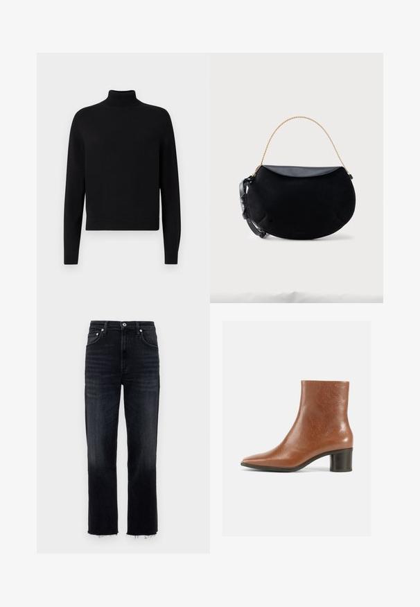 Zwarte turtleneck trui met lange mouwen, geribbelde manchetten en een aansluitende zoom. Zachte textuur, eenvoudig ontwerp en effen kleur zonder patronen.; High-waisted, straight-leg jeans in dark wash denim, met een rafelige zoom en een klassieke vijf-pocket ontwerping met zilveren hardware.; Bruine leren enkellaars met een puntige neus, een gestructureerde afwerking en een middelhoge blokhak. Eenvoudig ontwerp zonder zichtbare hardware of patronen.; Zwart handtas in halve maanvorm met glad leren klep, gouden kettinghandvat en verstelbare zwarte leren riem, geplaatst op een witte achtergrond.