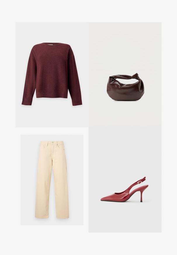 Langærmet rundhalset sweater i mørk bordeaux med ribstrikkede manchetter og kant, vist på en ensartet lys grå baggrund.; Beige bukser med lige ben med frontknap og lynlås, bæltestropper og fem-lommer design på en ensfarvet lys baggrund.; Røde patentlæder slingback-hæl med spids tå, slank stiletto hæl og et lille udskæringsdetalje på siden. Glat tekstur.; Mørkebrun læder skuldertaske med en blød, afslappet form og et snoet knudehåndtag på en ensartet hvid baggrund.