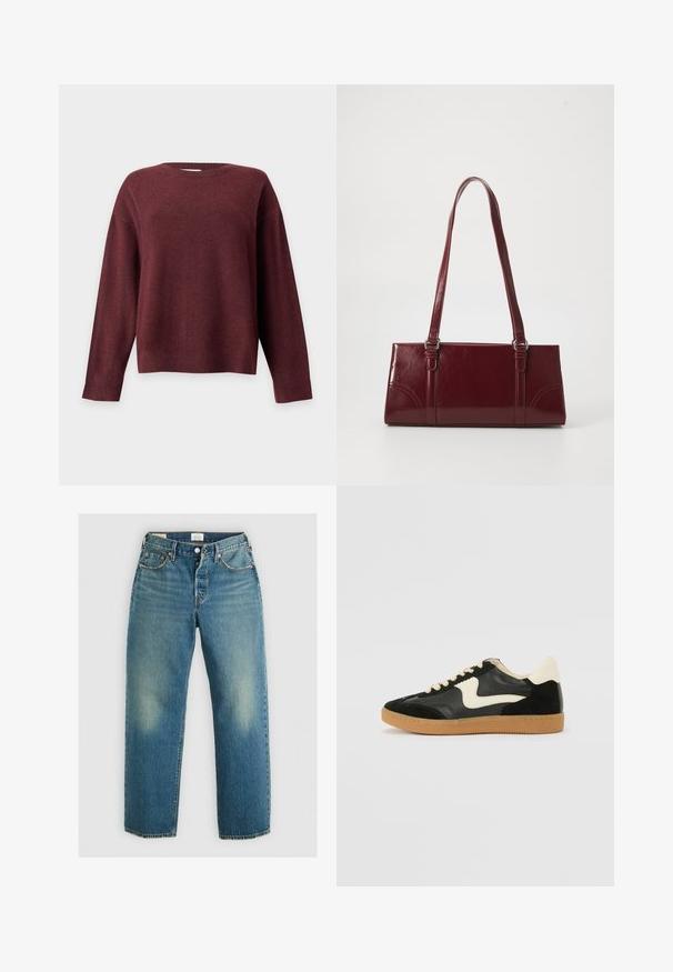 Langärmeliger Pullover mit Rundhalsausschnitt in dunklem Burgunderrot mit gerippten Bündchen und Saum, dargestellt auf einem schlichten hellgrauen Hintergrund.; Levi's® 501® '90S ANKLE - Jeans Straight Leg - blank slate; Schwarze Wildleder- und Leder-Sneaker mit einem cremefarbenen Seiten-Swoosh und einer hellcremefarbenen Ferse. Ausgestattet mit beige Schnürsenkeln und einer Gummilaufsohle.; Burgunderfarbene Handtasche aus glänzendem Material, rechteckige Form, mit zwei Schulterriemen und subtilen, geschwungenen Akzenten an der Vorderseite.