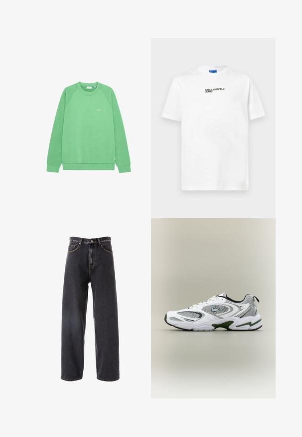 Sudadera verde de manga larga con cuello redondo, puños y dobladillo acanalados, con pequeño texto blanco "LES DEUX" en el pecho.; Camiseta de algodón blanca de manga corta, con un estampado negro "Karl Lagerfeld Jeans" en el centro. Diseño clásico de cuello redondo.; Pantalones vaqueros de mezclilla gris oscuro con un diseño holgado y de pierna recta, que cuentan con cinco bolsillos, costuras claras y un cierre de botón en la cintura.; Zapatilla deportiva de running en blanco y gris, con paneles de malla, acentos verdes, detalles en negro y un logo en el costado, vista desde el lado exterior.