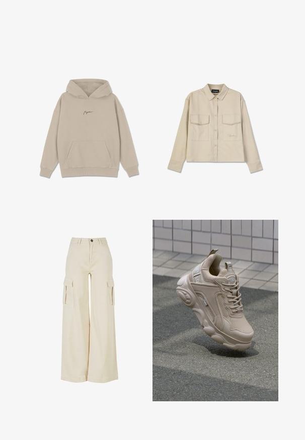 Beige hoodie van zacht materiaal met een voorzak, ribgebreide manchetten en een capuchon met trekkoord. Minimalistisch logo in een donkere kleur.; Beige overhemd met knopen, een kraag, lange mouwen en twee borstzakken. Bevat een geborduurd logo en heeft een gladde, zachte textuur.; Beige broek met wijde pijpen, gemaakt van katoen, met twee grote zijzakken, een sluiting met een knoop aan de voorkant en een nette zoom.; Beige sportieve schoen met een bovenwerk van mesh en synthetisch materiaal, gewatteerde kraag en een stevige zool met textuuraccenten. Merkzichtbaar aan de zijkant.