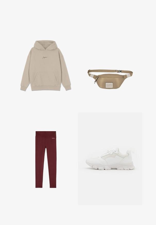 Beige hoodie lavet af blødt materiale, med en lomme på forsiden, ribbede manchetter og en hætte med snørebånd. Minimalistisk tekstlogo i en mørkere farve.; Maronfarvede ribbede leggings med en bred talje, der har struktureret stof og et lille brandlogo på hoften for ekstra detalje.; NA-KD CONTRAST SOLE TREKKING - Sneakers - white; Beige bæltetaske lavet af glat nylon med en rund form, der har et hvidt logo-patch, justerbar rem og sølvfarvede metaldele.