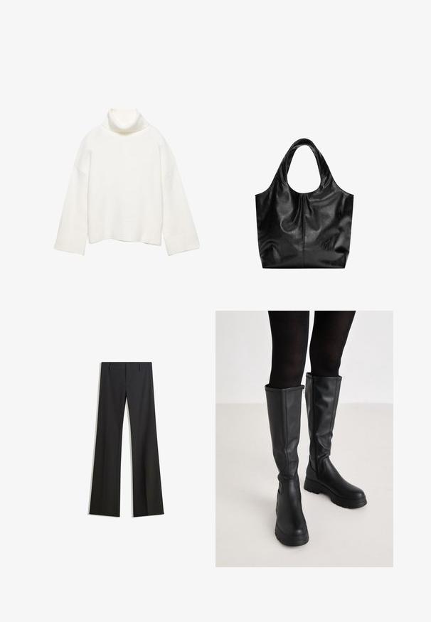 Hvid rullekrave sweater lavet af blødt stof, med en afslappet pasform, sænkede skuldre og brede ribstrikkede manchetter og kant.; Sorte, flarede bukser med en glat tekstur, der har en skræddersyet pasform og en talje. Ingen synlige mønstre eller udsmykninger.; Even&Odd Plateaustøvler - black; Sort læder tote taske med en glat overflade, en blød, afrundet top og brede håndtag. Har minimal syning og en afslappet silhuet.