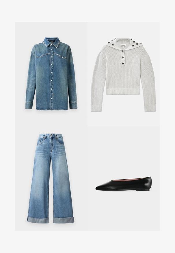 Lys grå, ribbet striktrøje med en cropped design, samlet med en knaplukning og en hætte udsmykket med blomstformede accenter.; Blå denim skjorte med lange ærmer, trykknapper, spids krave og rhinsten-detaljer langs bærestykke og kravekanter.; Lysblå vidbenede jeans i denim med høj talje, der har knaplukning, fem lommer og opfoldede manchetter forneden.; Sort damesko i læder med flad hæl og spids tå, vist fra siden på en ensfarvet lys grå baggrund.