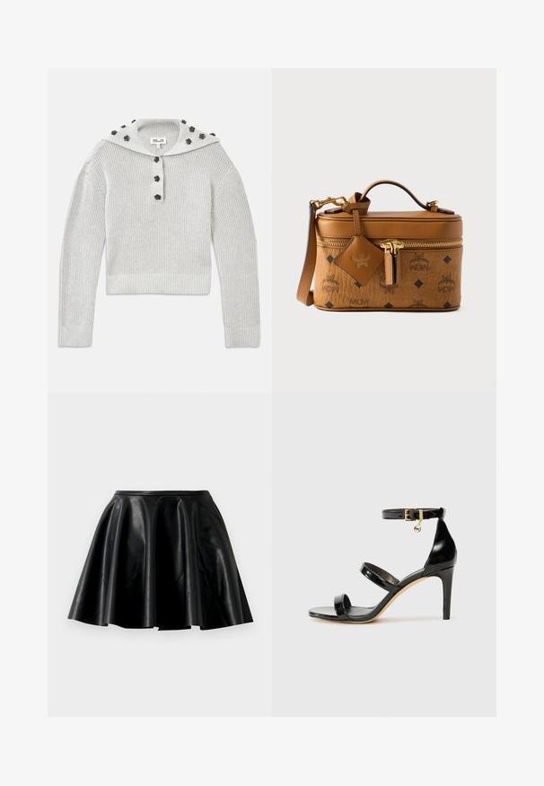 Pull gris clair en tricot côtelé avec une coupe courte, agrémenté d'une patte de boutonnage et d'une capuche ornée d'accents en forme de fleurs.; Jupe évasée en cuir noir au toucher lisse, avec un ourlet large et une taille ajustée. La surface a un éclat subtil et ne présente aucun embellissement visible.; Sandale en cuir verni noir avec trois brides, boucle de cheville et talon aiguille de 10 cm. Présente un détail en métal doré et un charm logo.; Sac en cuir marron avec ferrures dorées, motif en losanges, fermeture éclair, poignée supérieure et étiquette amovible. Surface texturée avec détails du logo.