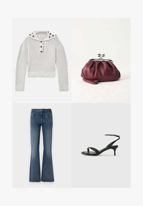 Lys grå, ribbet striktrøje med en cropped design, samlet med en knaplukning og en hætte udsmykket med blomstformede accenter.; Blå denim jeans med flare ben og en middelhøj talje, med for- og baglommer samt en subtil falmet vask.; Sort damesandal i læder med tynde remme, en tå-loop, ankelspænde og en mellemhøj stiletthæl på en neutral baggrund.; Lille bordeauxlæder clutch-pung med sølv metal lukning og håndledsrem på hvid baggrund.