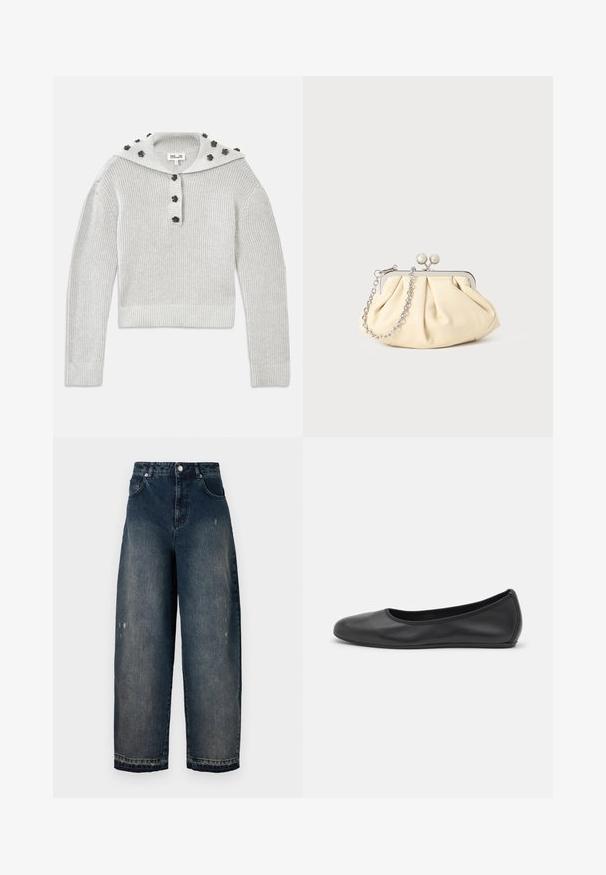 Lys grå, ribbet striktrøje med en cropped design, samlet med en knaplukning og en hætte udsmykket med blomstformede accenter.; Mørk denim vidde bukser med høj talje, fem lommer, synlige sømme og let slid på fronten. Klassisk knap- og lynlås-lukning.; Sort læderballetsko med rund tå, glat tekstur, minimal syning og et fleksibelt såldesign.; Plisseret beige læderclutch med en sølvmetalramme, der har to runde dekorative låse og en sølvkædetrasporte.