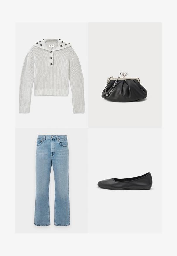 Pull gris clair en tricot côtelé avec une coupe courte, agrémenté d'une patte de boutonnage et d'une capuche ornée d'accents en forme de fleurs.; Jean en denim bleu clair avec une coupe droite, taille haute, coutures visibles et un léger effet délavé. Pas d'ornements ni de métal.; Ballerines en cuir noir avec un bout rond, texture lisse, détails de couture minimalistes et design de semelle flexible.; Porte-monnaie en cuir noir avec texture froncée, cadre en métal argenté, fermeture à verrouillage kiss-lock et bandoulière en chaîne. Surface lisse et douce.