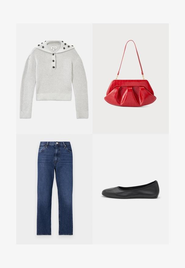 Lys grå, ribbet striktrøje med en cropped design, samlet med en knaplukning og en hætte udsmykket med blomstformede accenter.; Denim jeans i en mørkeblå vask. Lige ben-design med fem-lomme stil, front lukning med knap og kontrasterende syning.; Sort læderballetsko med rund tå, glat tekstur, minimal syning og et fleksibelt såldesign.; Rød skuldertaske i læder med en struktureret ramme, plisseret krop og tynd justerbar rem mod en ensfarvet baggrund.