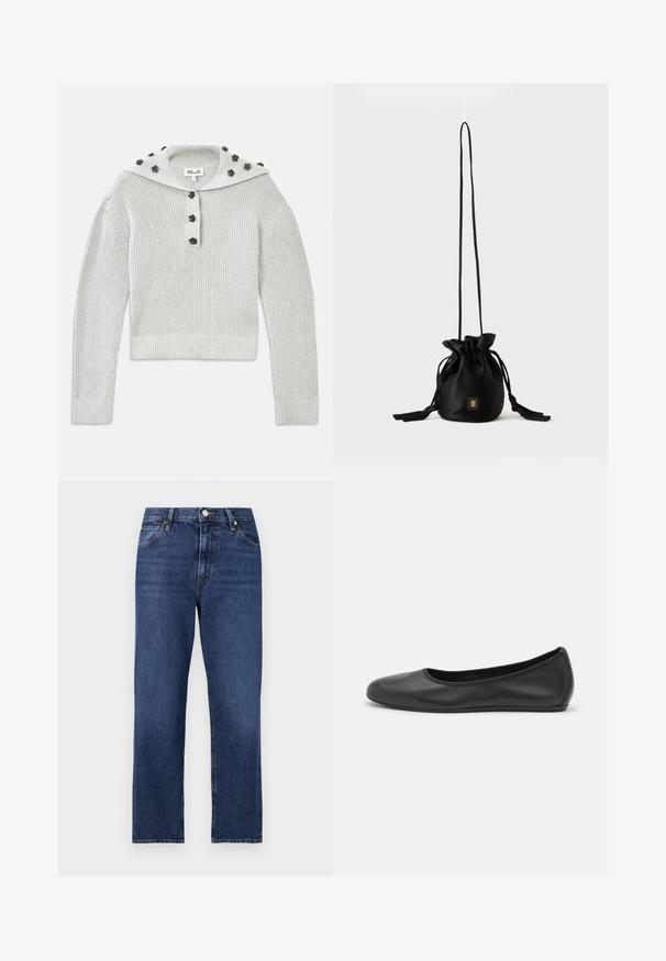 Lys grå, ribbet striktrøje med en cropped design, samlet med en knaplukning og en hætte udsmykket med blomstformede accenter.; Denim jeans i en mørkeblå vask. Lige ben-design med fem-lomme stil, front lukning med knap og kontrasterende syning.; Sort læderballetsko med rund tå, glat tekstur, minimal syning og et fleksibelt såldesign.; Sort snørelukket bucket-taske med lang tynd rem og lille gyldent firkantet logo foran, vist mod en ensfarvet baggrund.