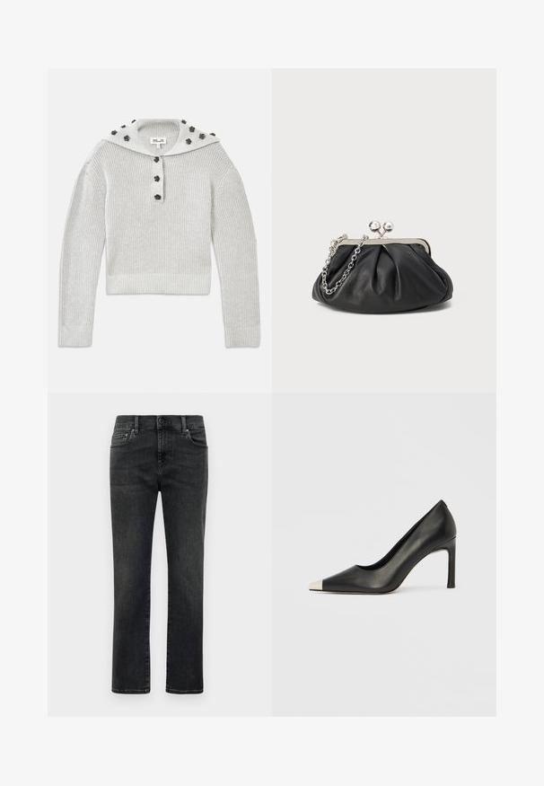 Lys grå, ribbet striktrøje med en cropped design, samlet med en knaplukning og en hætte udsmykket med blomstformede accenter.; Mænds lige ben sorte udvasket jeans med frontknap og fem-lommers design på hvid baggrund.; Sort læder højhælet sko med spids tå og metal-sølv hætte. Har en glat finish og en slank hæl på 10 cm.; Sort læder clutch med samlet tekstur, sølvfarvet metalramme, kys-lås lukning og kædestrop. Glat, blød overflade.