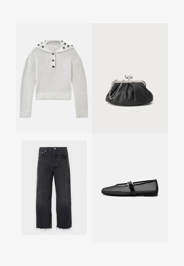 Lys grå, ribbet striktrøje med en cropped design, samlet med en knaplukning og en hætte udsmykket med blomstformede accenter.; Sorte jeans med høj talje og vide ben med rå kant, forreste knap, lynlås lukning og design med fem lommer.; Sort mesh balletflat med rundt tåparti og justerbar Mary Jane-rem med sølvspænde, på en ensartet lys grå baggrund.; Sort læder clutch med samlet tekstur, sølvfarvet metalramme, kys-lås lukning og kædestrop. Glat, blød overflade.