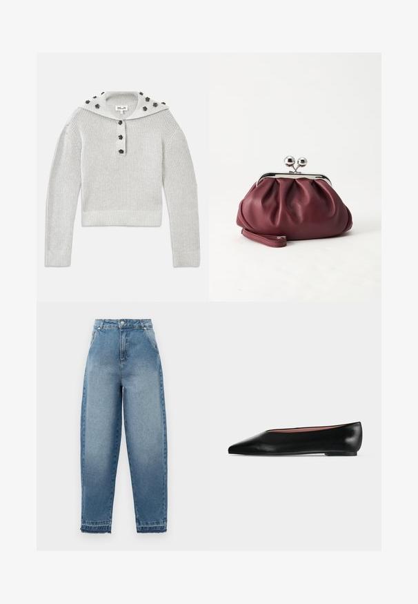 Lichtgrijze, geribbelde gebreide trui met een cropped ontwerp, verbonden door een knoopsluiting en een capuchon versierd met bloemvormige accenten.; Lichtblauwe denim jeans met een hoge taille, losse pasvorm, vijfzakkenontwerp en rafelige zoom. Kenmerkt klassieke stiksels en een ritssluiting.; Zwarte leren damesschoen met platte zool, puntige neus en lage hak, zijwaarts afgebeeld tegen een effen lichtgrijze achtergrond.; Kleine bordeauxrode leren clutch-portemonnee met zilverkleurige metalen sluiting en polsbandje op een witte achtergrond.