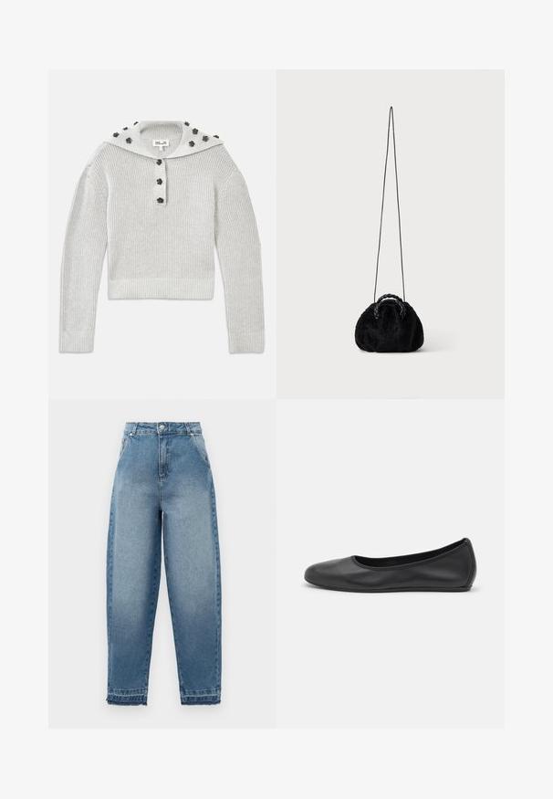 Suéter de punto acanalado en gris claro con un diseño recortado, combinado con una tapeta abotonada y una capucha adornada con acentos en forma de flores.; Jeans de mezclilla azul claro con cintura alta, corte suelto, diseño de cinco bolsillos y dobladillos deshilachados. Presenta costuras clásicas y cremallera en la bragueta.; Bailarina de piel negra con punta redondeada, textura suave, detalle de costura minimalista y diseño de suela flexible.; Pequeño bolso negro de pelo sintético con asas superiores trenzadas y larga correa delgada para el hombro sobre fondo liso.