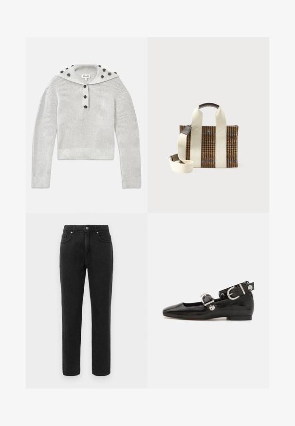 Lys grå, ribbet striktrøje med en cropped design, samlet med en knaplukning og en hætte udsmykket med blomstformede accenter.; Sorte denimjeans med lige ben, standard fem-lomme design og knaplukning. Har diskrete stikningsdetaljer.; Sorte patenteret lædersko med firkantet tå, ankelrem med sølvhardware og flad sål. Glat tekstur med minimalistisk design.; Brun og sort houndstooth tote taske med brede cremefarvede stropper, læderhåndtag og justerbar cremefarvet skulderrem på hvid baggrund.